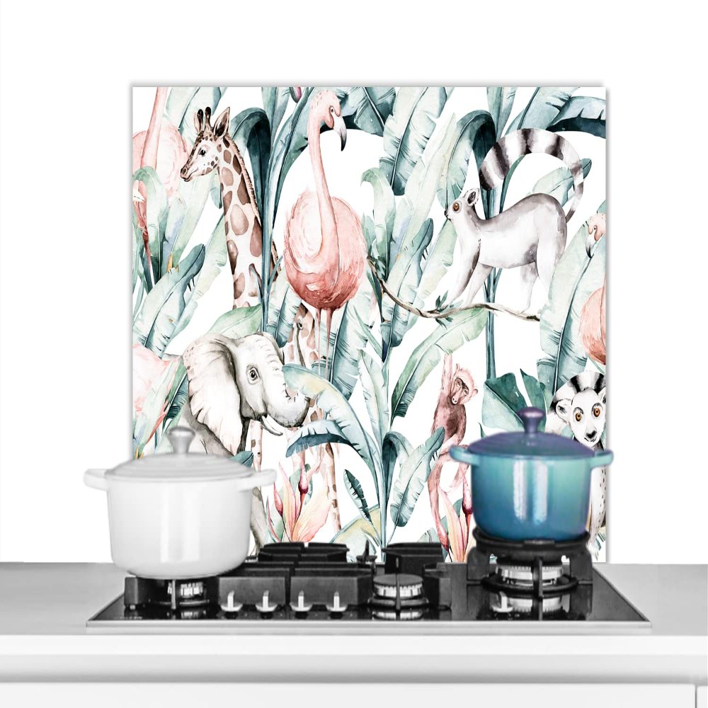MuchoWow Kitchen Splashback, Aluminum Wall Panel, Watercolor Jungle Animals and Plants, 90 × 60 cm