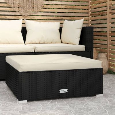 Gecheer Garden Footstool with Cushion, PE Rattan, Black/Cream, 70 x 70 x 30 cm
