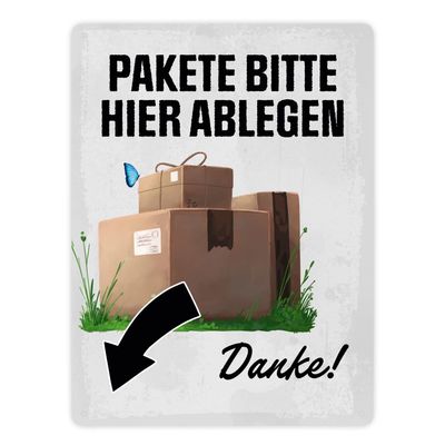 Please Leave Packages Here, Thank You! XXL Metal Sign, 28 × 38 cm, Left Arrow