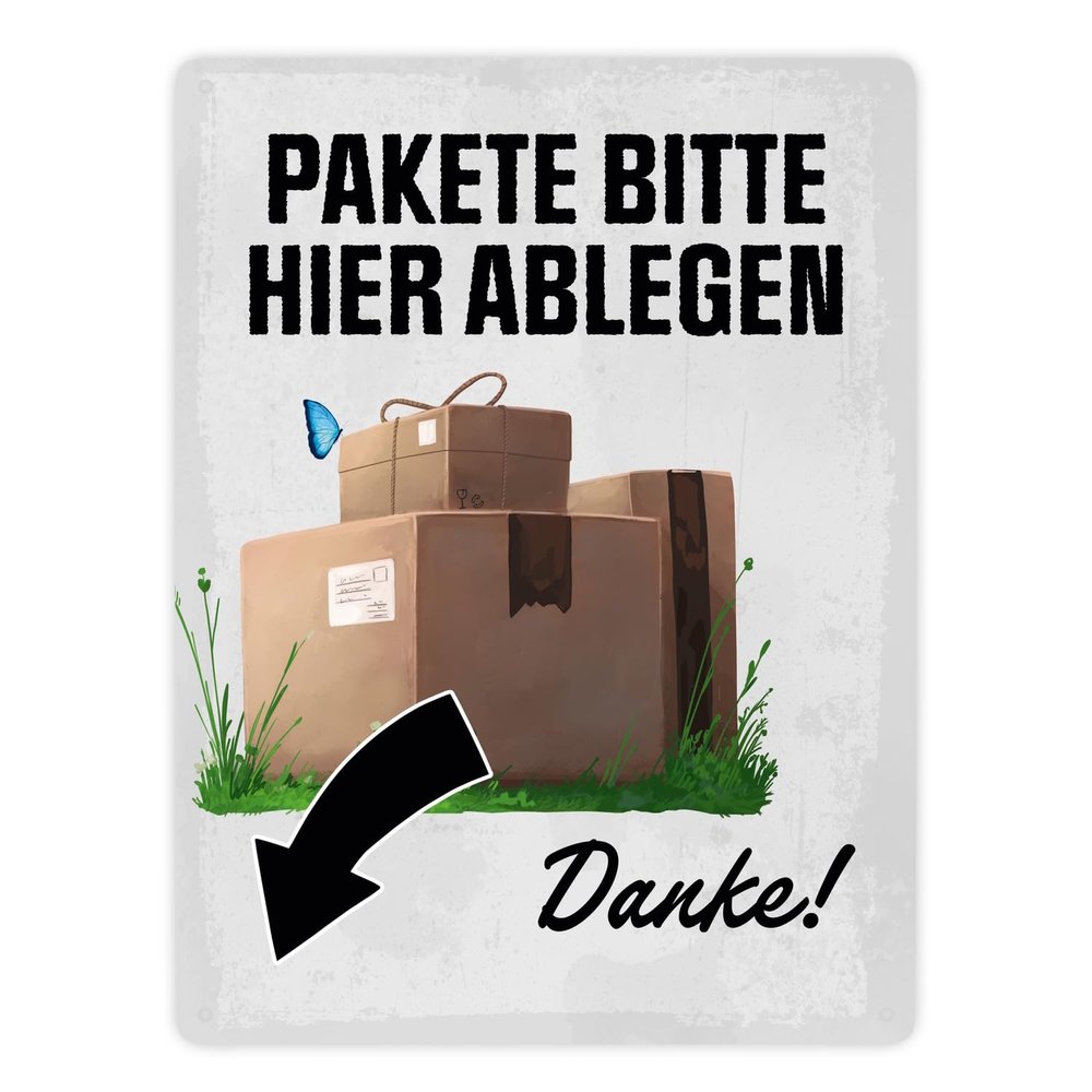 Please Leave Packages Here, Thank You! XXL Metal Sign, 28 × 38 cm, Left Arrow