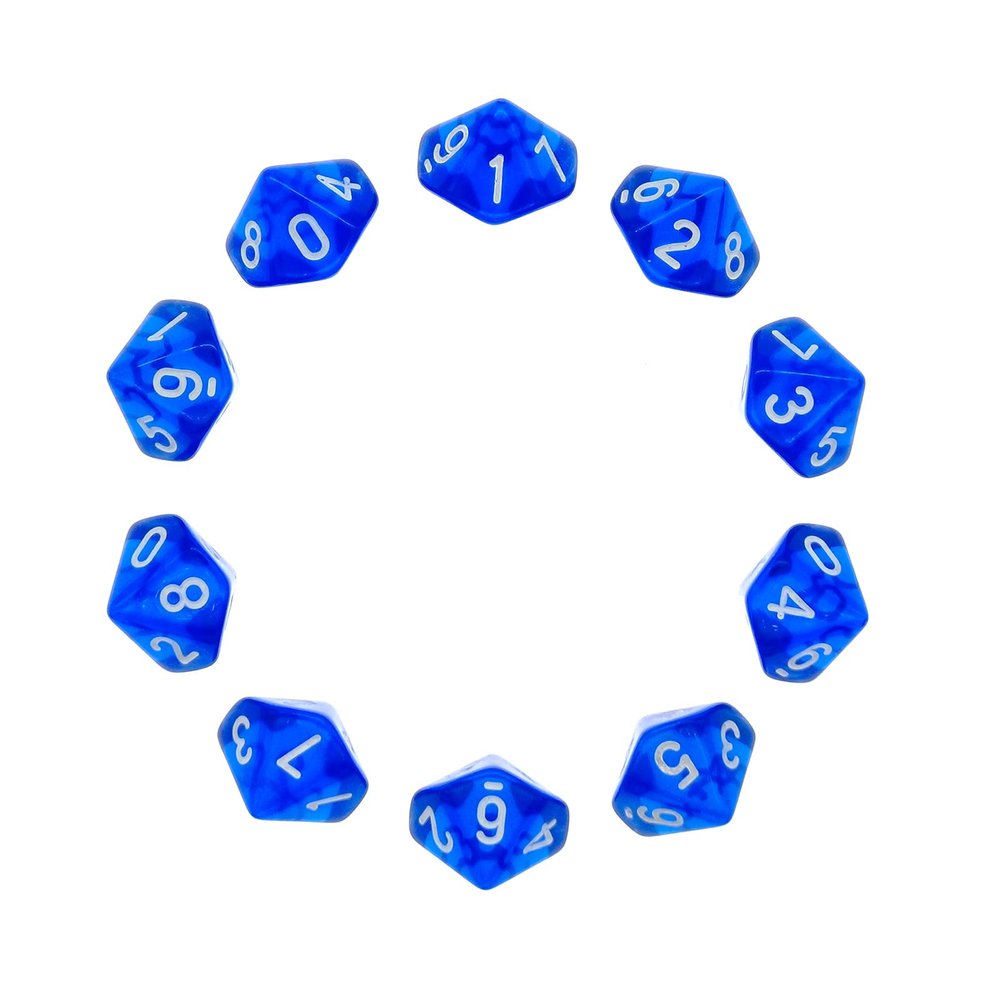 Polyhedral Dice, 10-Piece Set, D10, 20 mm, Transparent Blue