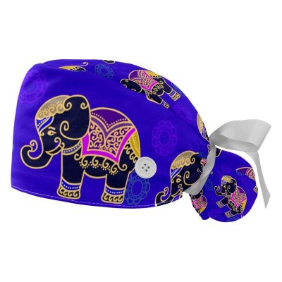 CHENZZZZ Work Caps, 2-Pack, Tie-Back Bouffant Turban Caps with Buttons and Sweatband, Fox, Multicolor 7, One Size