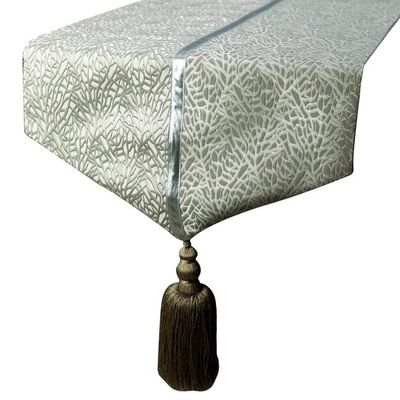 The HomeCentric Decorative Silver Table Runner, 35 x 120 cm, Jacquard Silk, Tassels, Abstract Table Linen, Modern Wedding Decor – Silver Fern