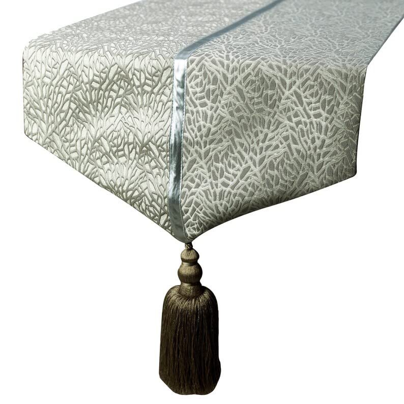 The HomeCentric Decorative Silver Table Runner, 35 x 120 cm, Jacquard Silk, Tassels, Abstract Table Linen, Modern Wedding Decor – Silver Fern