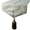 The HomeCentric Decorative Silver Table Runner, 35 x 120 cm, Jacquard Silk, Tassels, Abstract Table Linen, Modern Wedding Decor – Silver Fern view 1