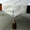 The HomeCentric Decorative Silver Table Runner, 35 x 120 cm, Jacquard Silk, Tassels, Abstract Table Linen, Modern Wedding Decor – Silver Fern view 3