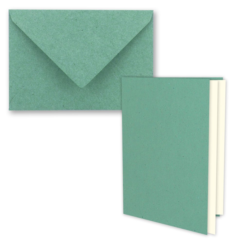 100 Eucalyptus-Green Vintage Kraft Paper Folding Cards with Envelopes and Inserts, DIN A5