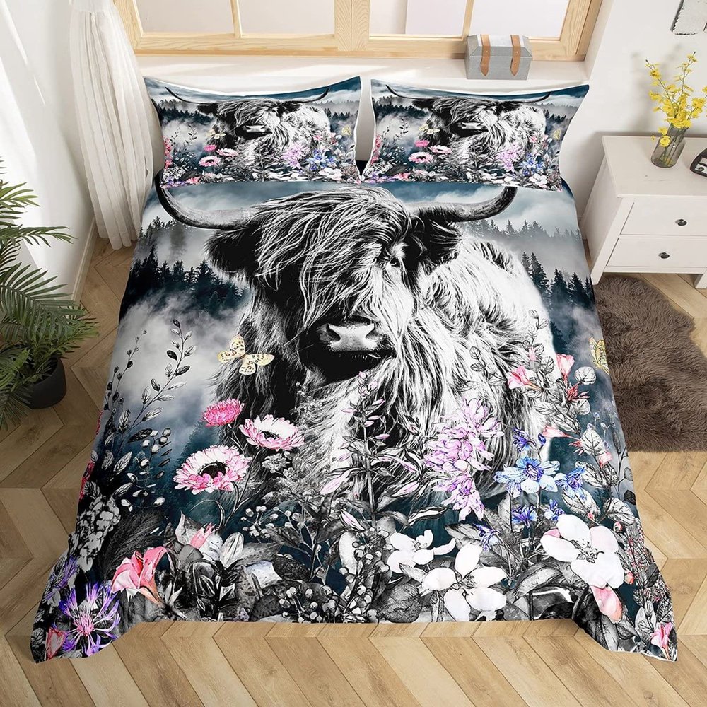 LUYAPOND Highland Cattle Duvet Cover Set for Kids, 135 x 200 cm
