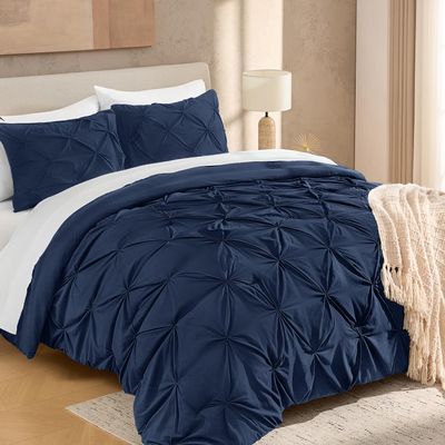 Andency Navy Blue Pinch-Pleat Comforter Set for King Bed, 3-Piece, All-Season Microfiber