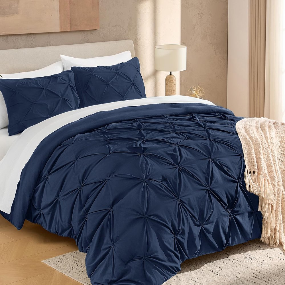 Andency Navy Blue Pinch-Pleat Comforter Set for King Bed, 3-Piece, All-Season Microfiber