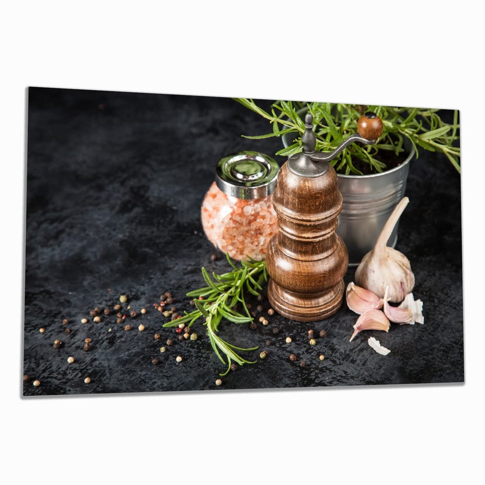Wallario Glass Stovetop Cover/Splash Guard, 1-Piece, 80 x 52 cm, 13 mm Feet, Salt & Pepper with Garlic and Rosemary
