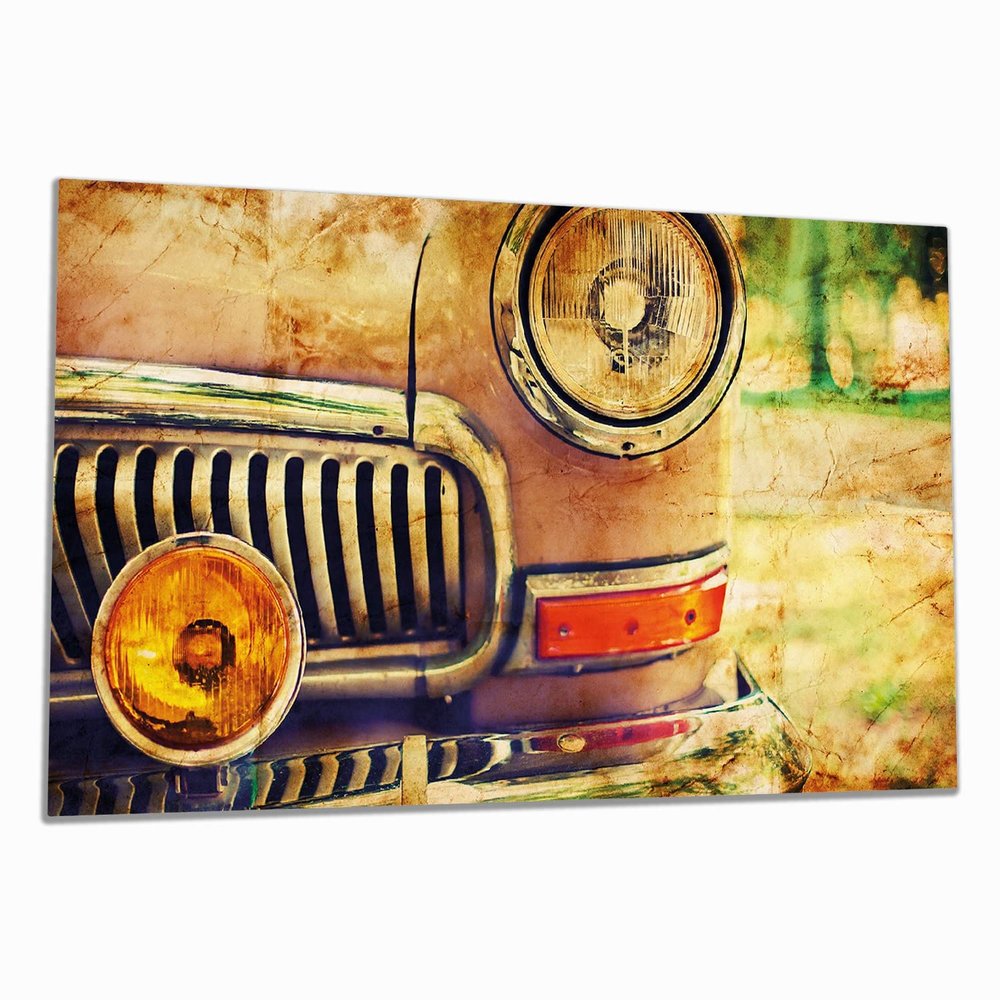 Wallario Glass Stove Cover/Splash Guard, 1-Piece, 90 x 52 cm, with 8 mm Feet, for Ceramic and Induction Cooktops, Antique Vintage Car in Sepia, Front View