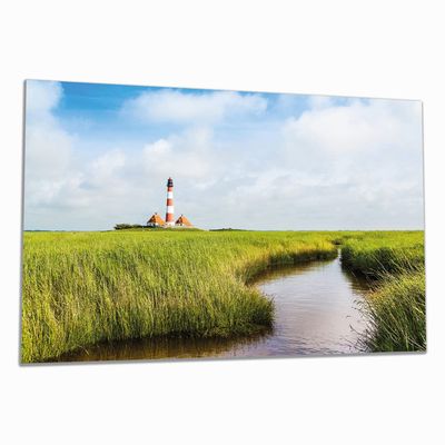 Wallario Glass Cooktop Cover/Splash Guard, 1-Piece, 90 x 52 cm, 8 mm Feet, Small Creek Through Reeds on the Way to the Lighthouse