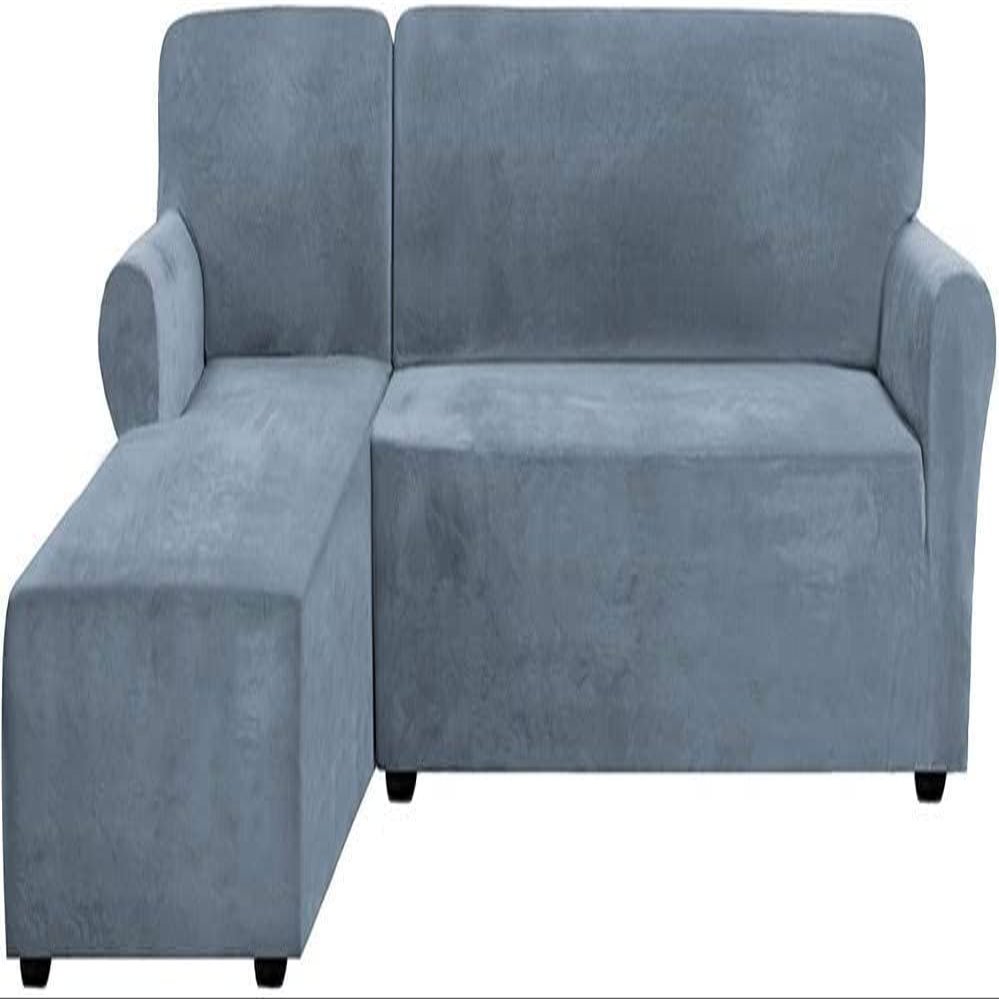 KLZUOPT Velvet Stretch Sofa Covers, 2-Piece L-Shaped Sectional, Stone Blue, 3-Seater + 3-Seater