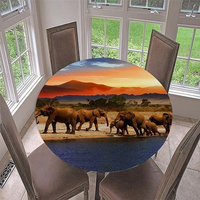 Morbuy Round Elastic Tablecloth, Elephant Print, Water-Resistant, Washable, 170 cm