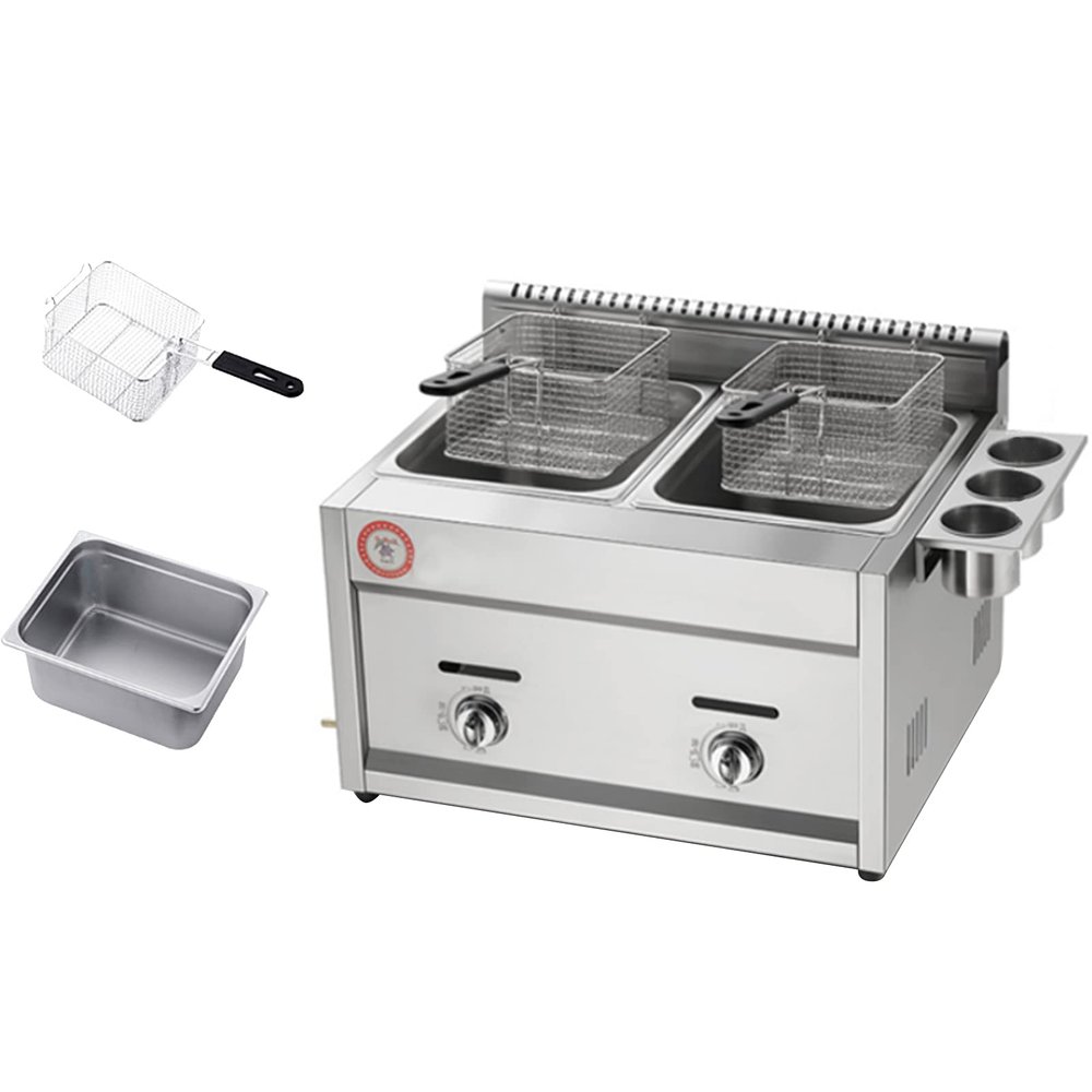 XUETAO Commercial Gas Fryer, 12-L Countertop Basket, Stainless Steel, for Restaurants and Fries, with Seasoning Tray
