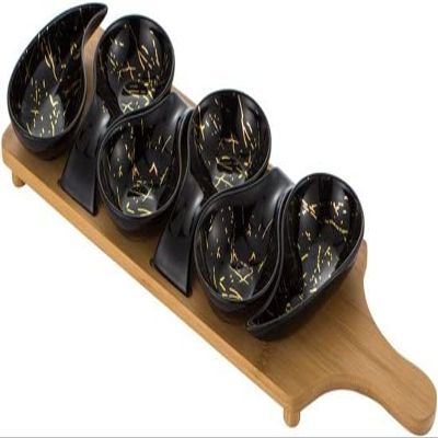 Serving Board with 6 Marble-Look Porcelain Bowls - Black