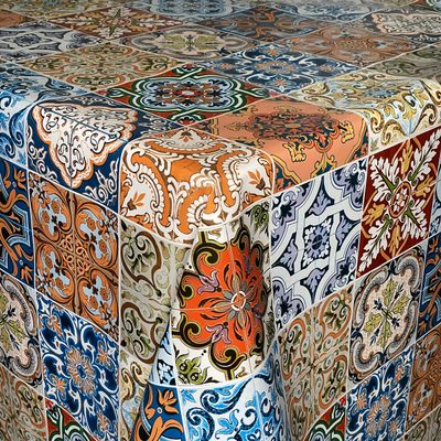 KEVKUS Oilcloth Tablecloth 01657-01 Mosaic Moroccan Tiles Blue-Orange, Square, Round or Oval (Edge: Cut Edge, Unfinished), 140 x 220 cm Square