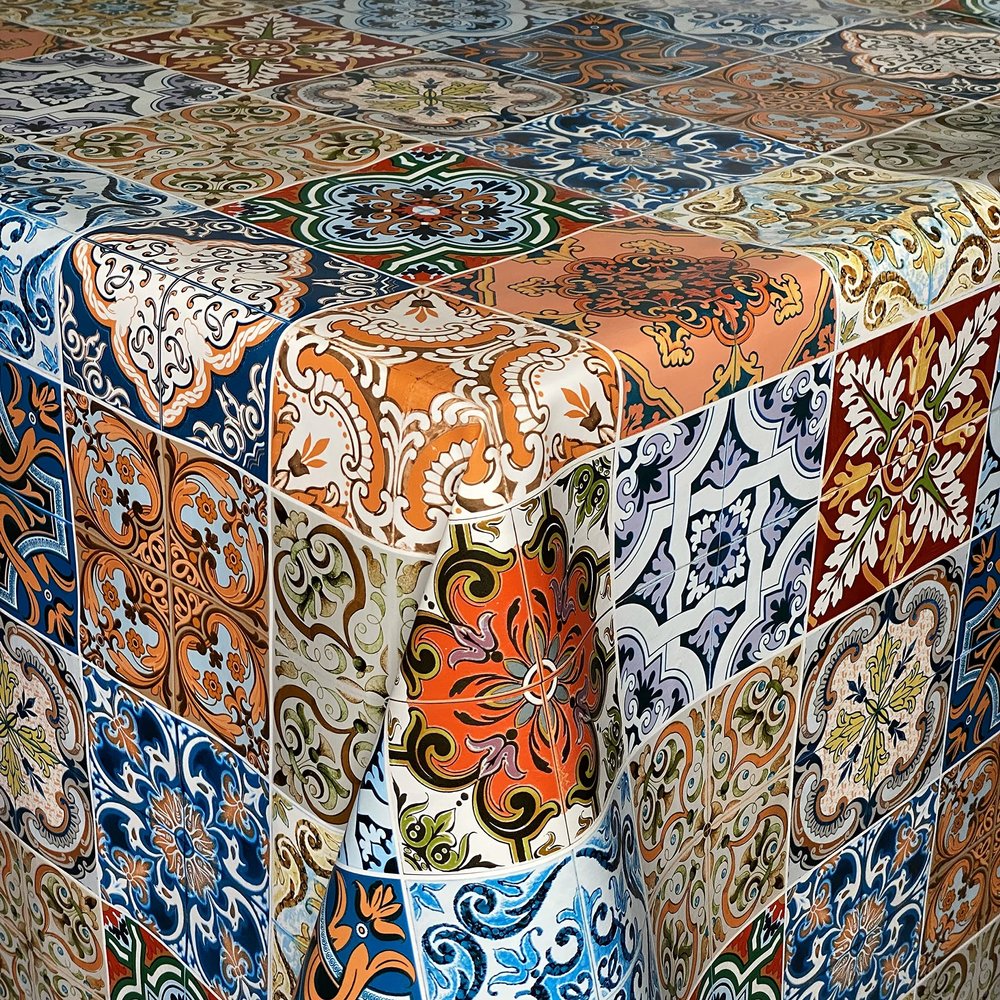 KEVKUS Oilcloth Tablecloth 01657-01 Mosaic Moroccan Tiles Blue-Orange, Square, Round or Oval (Edge: Cut Edge, Unfinished), 140 x 220 cm Square
