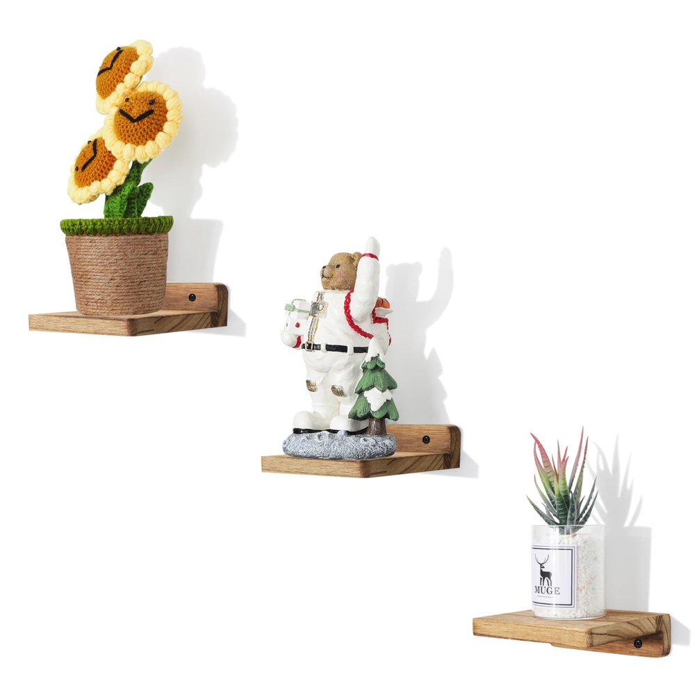 NIUBEST Small Floating Shelves, 5 in, Wall-Mounted, Set of 3, Rustic Paulownia Wood, Carbonized Black