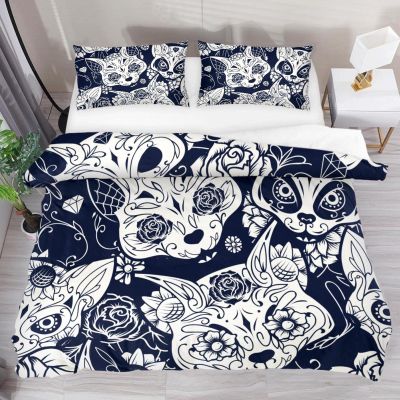 Day of the Dead Sugar Cat Skull Floral Duvet Cover Set, Full/Double