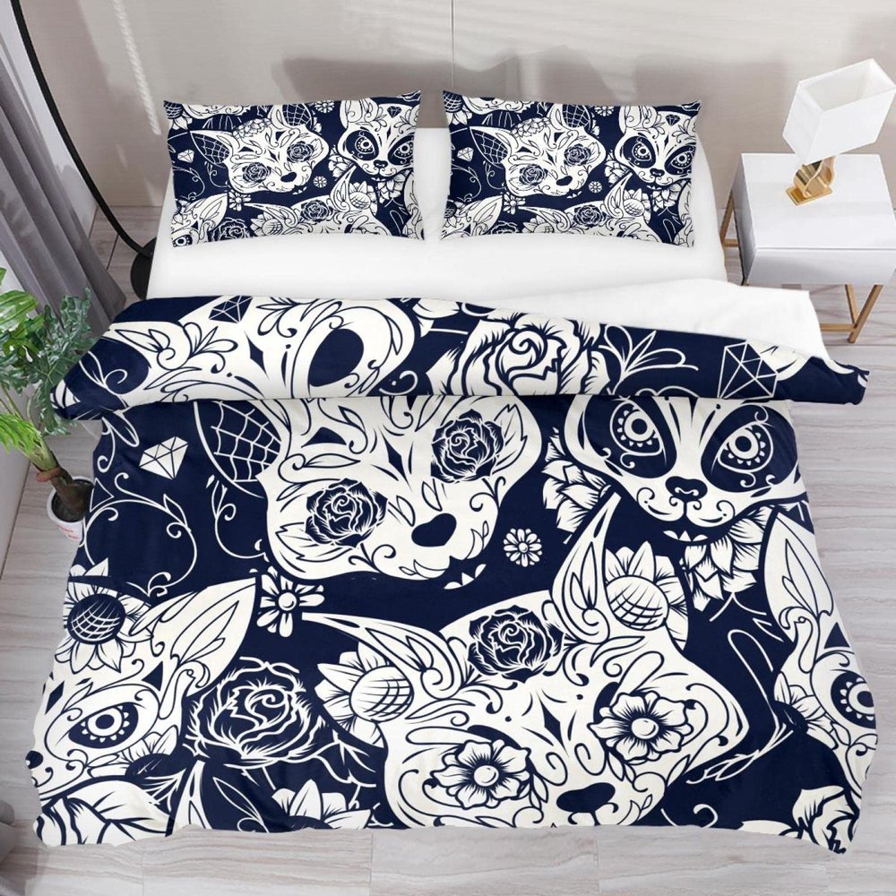 Day of the Dead Sugar Cat Skull Floral Duvet Cover Set, Full/Double