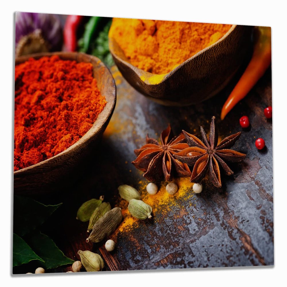 Wallario Glass Stove Cover/Splash Guard, 1-Piece, 60 x 52 cm, for Ceramic and Induction Cooktops, Exotic Spices on a Wooden Table