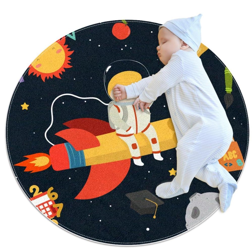 Round Space Boy Rocket Rug, Non-Slip Floor Mat, 0.7 m Diameter