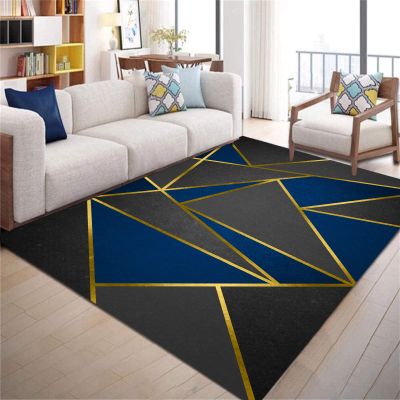 ARUGYTEI Navy Blue Geometric Short-Pile Area Rug with Gold Lines, 120 x 180 cm