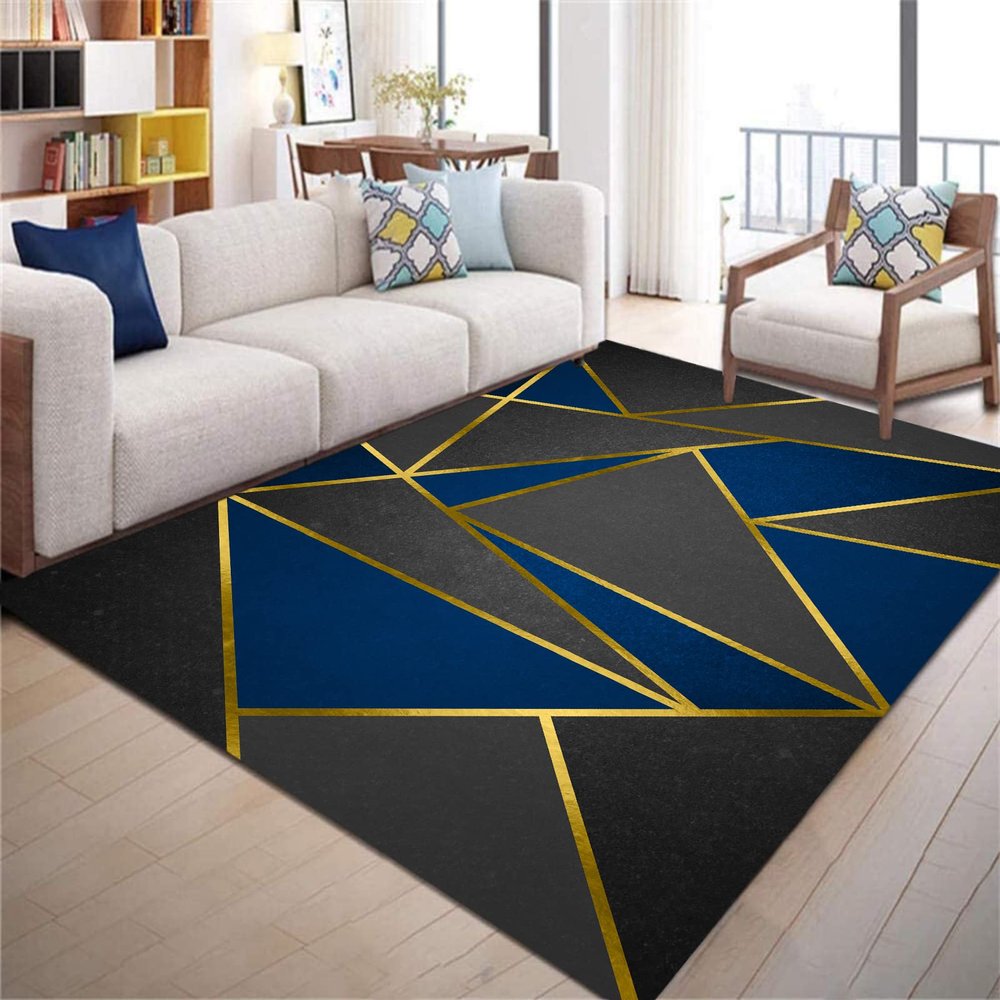 ARUGYTEI Navy Blue Geometric Short-Pile Area Rug with Gold Lines, 120 x 180 cm
