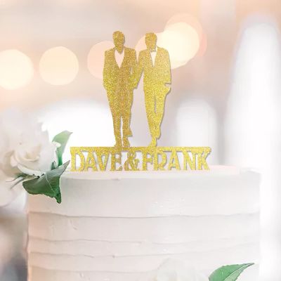 Mr. & Mr. Cake Topper, Gold Glitter Love Gay Two Men Retro Silhouette, Personalized Wedding Party Decoration
