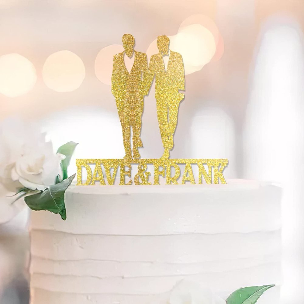 Mr. & Mr. Cake Topper, Gold Glitter Love Gay Two Men Retro Silhouette, Personalized Wedding Party Decoration