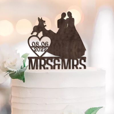 Mrs. & Mrs. LGBTQ Wedding Cake Topper with Bride-and-Bride Silhouette, Dog and Cat, Custom Name and Date