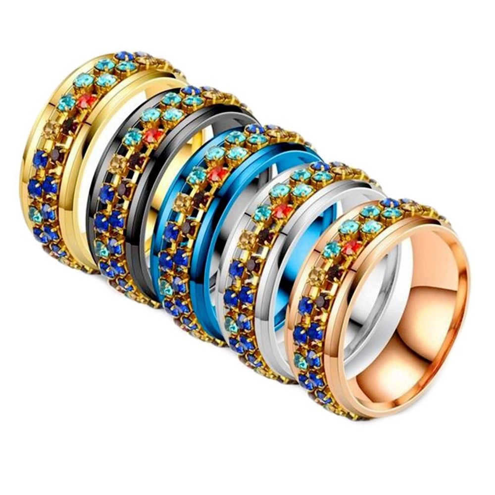 Mesnt Women's Rings, 8 mm 2-Eternity Multicolor Cubic Zirconia Fidget Rings, 5-Color Set, Size 62 (19.7)