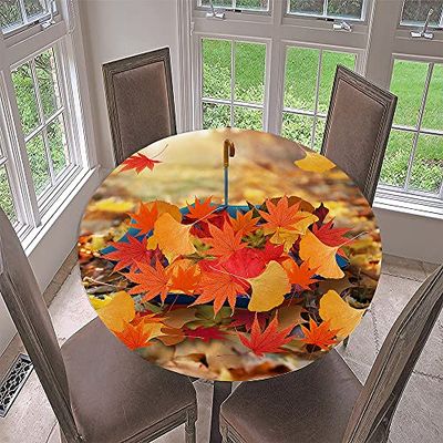 Morbuy Round Elastic Tablecloth, Maple Leaf Print, Waterproof, Washable, Ginkgo Biloba, 100 cm