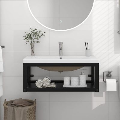 Tidyard Wall-Mounted Bathroom Vanity Frame with Sink, Black Iron, 79 x 38 x 31 cm