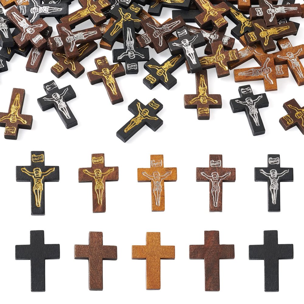 Cheriswelry 100 Mini Wooden Cross Pendants for Easter, Prayer, Sunday School & Jewelry Making