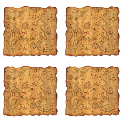Beistle 4-Count Plastic Pirate Adventure Treasure Maps, 12 x 18 in, Light Brown/Brown/Red