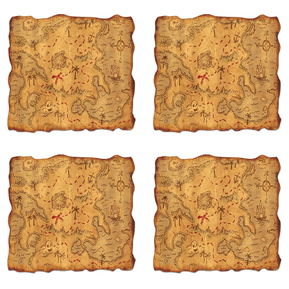 Beistle 4-Count Plastic Pirate Adventure Treasure Maps, 12 x 18 in, Light Brown/Brown/Red