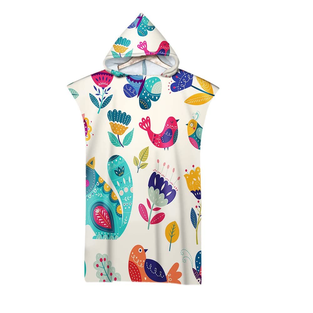 Highdi Hooded Beach Poncho Towel for Adults, Microfiber, Quick-Dry, Bird Flower, 75 x 110 cm