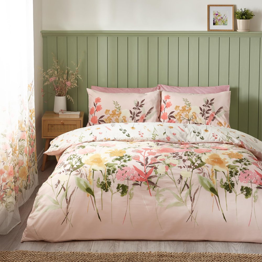 Catherine Lansfield Reversible Double Duvet Cover Set with Pillowcases, Pink Floral Design