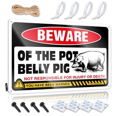 Garage Hangout Sign "Beware of Pot Belly Pig" Metal Sign, Man Cave Decor, Funny (20 x 30 cm)