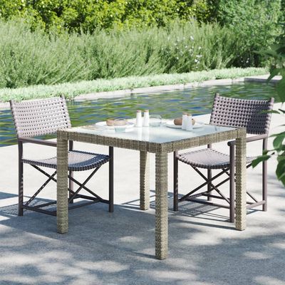 Makastle Gray Poly Rattan Outdoor Dining Table with Glass Top, 90 x 90 x 75 cm
