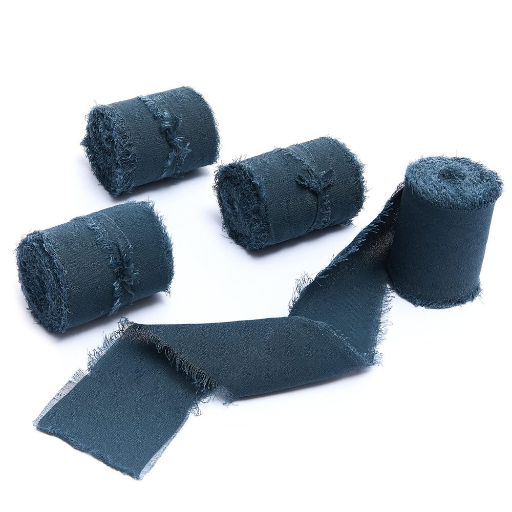4 Rolls 2 in. x 4.5 m Dark Blue Handmade Fringed Chiffon Silk Ribbon