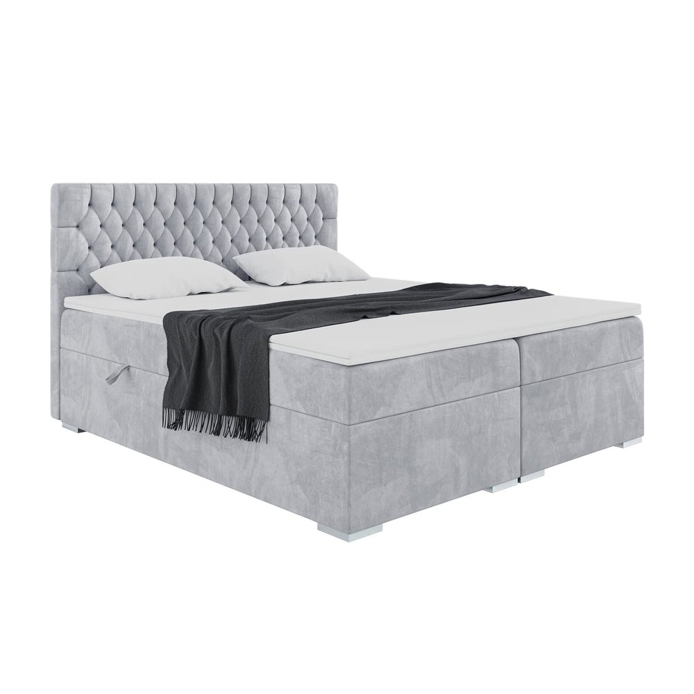 MEBLINI DALIA Box Spring Bed with Storage, 180 x 200 cm, H3, Light Gray Velvet