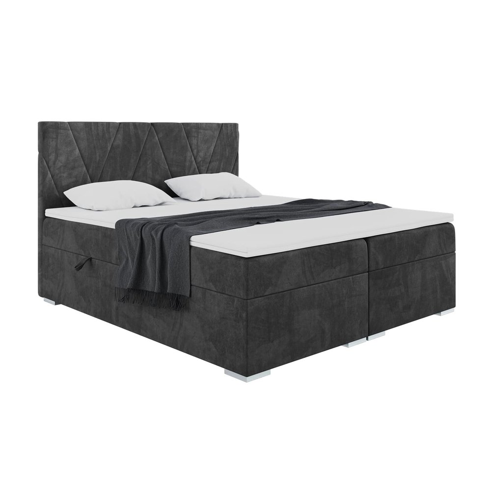 MEBLINI Lara Box Spring Bed with Storage, Mattress & Topper, 160 x 200 cm, H4, Black Velvet