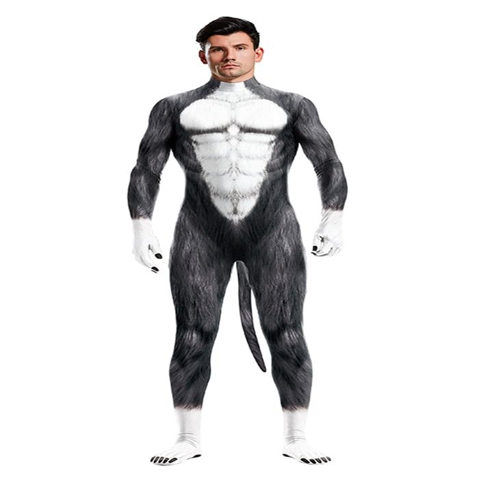 Animal Bodysuit with Large Tail for Men and Women, Wolf, L