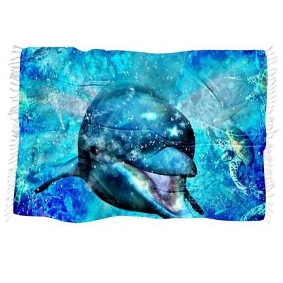 FANSU Fringed Beach Towel, Sea Animal Print, Quick-Dry Sand-Free Microfiber, Blue Star, 150 x 130 cm