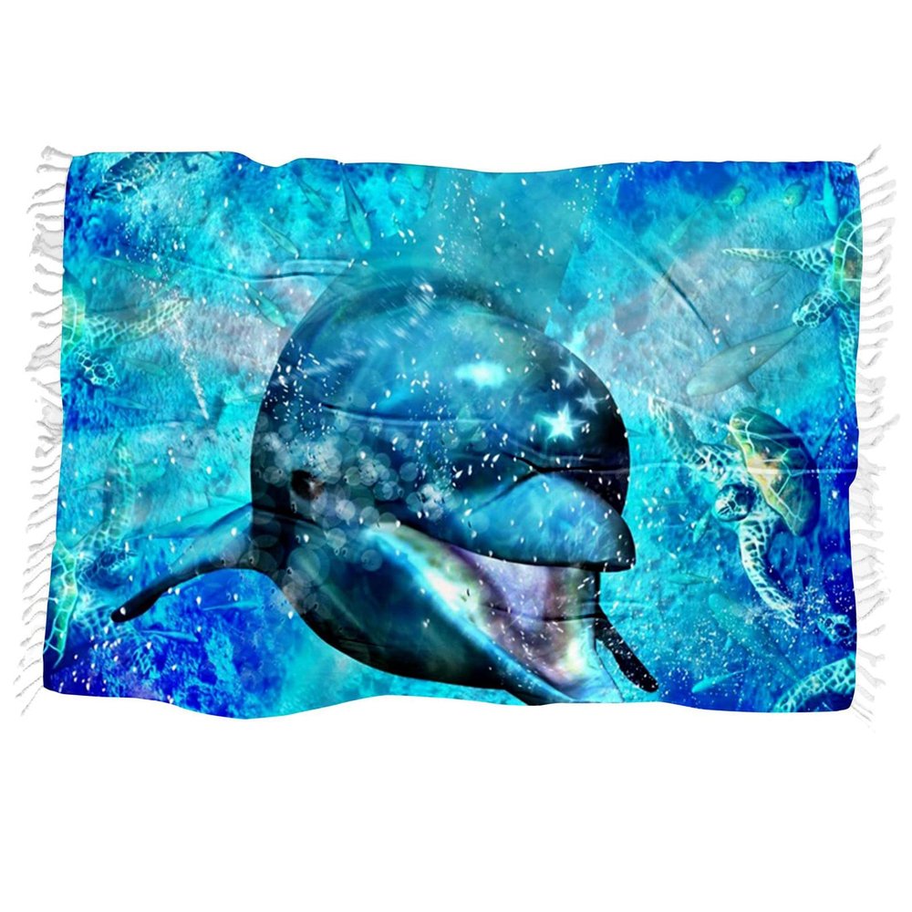 FANSU Fringed Beach Towel, Sea Animal Print, Quick-Dry Sand-Free Microfiber, Blue Star, 150 x 130 cm