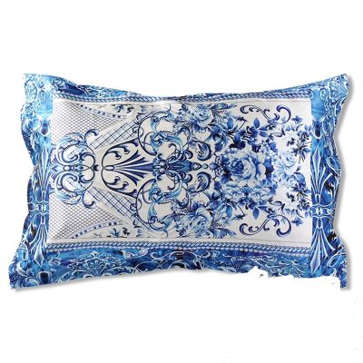 Natural 22mm Mulberry Silk Satin Pillowcase, Blue Porcelain, Curved Closure, 500 x 740 mm